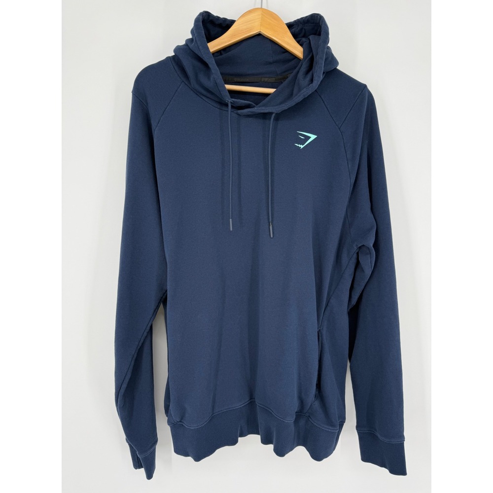 Gymshark Mens Navy Blue Teal Vertical Back Logo Pullover Hoodie Sweatshirt L/XL?